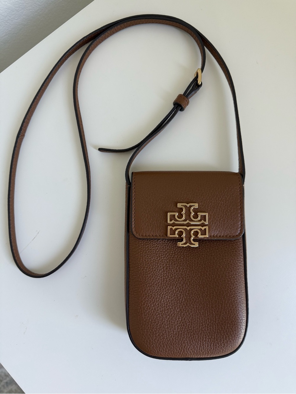 Tory Burch Chestnut Brown Pebbled Leather Crossbody Phone Pouch